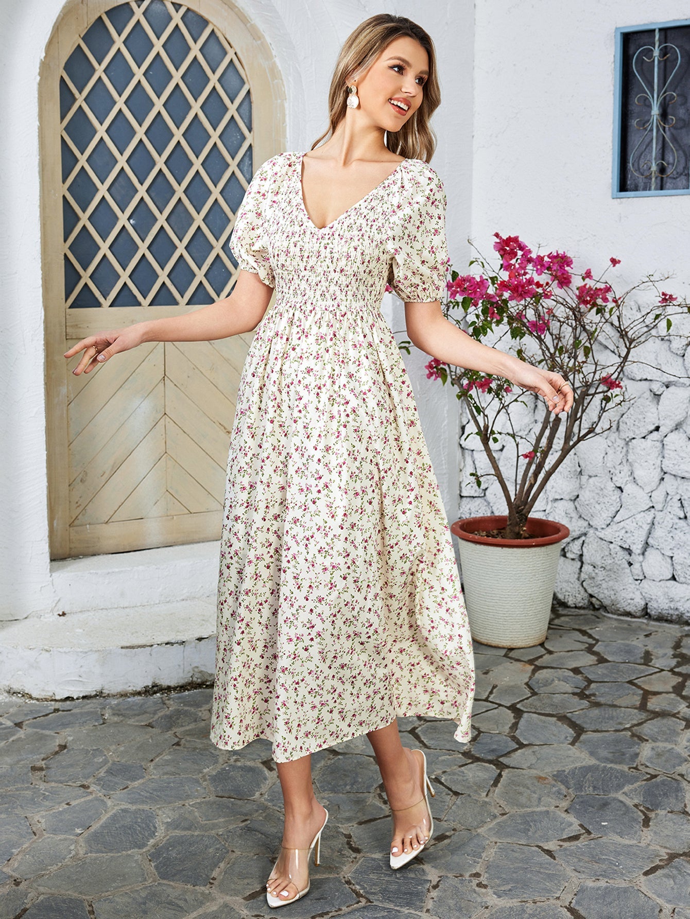 Floral High-waisted Short-sleeved V-neck Midi Dress
