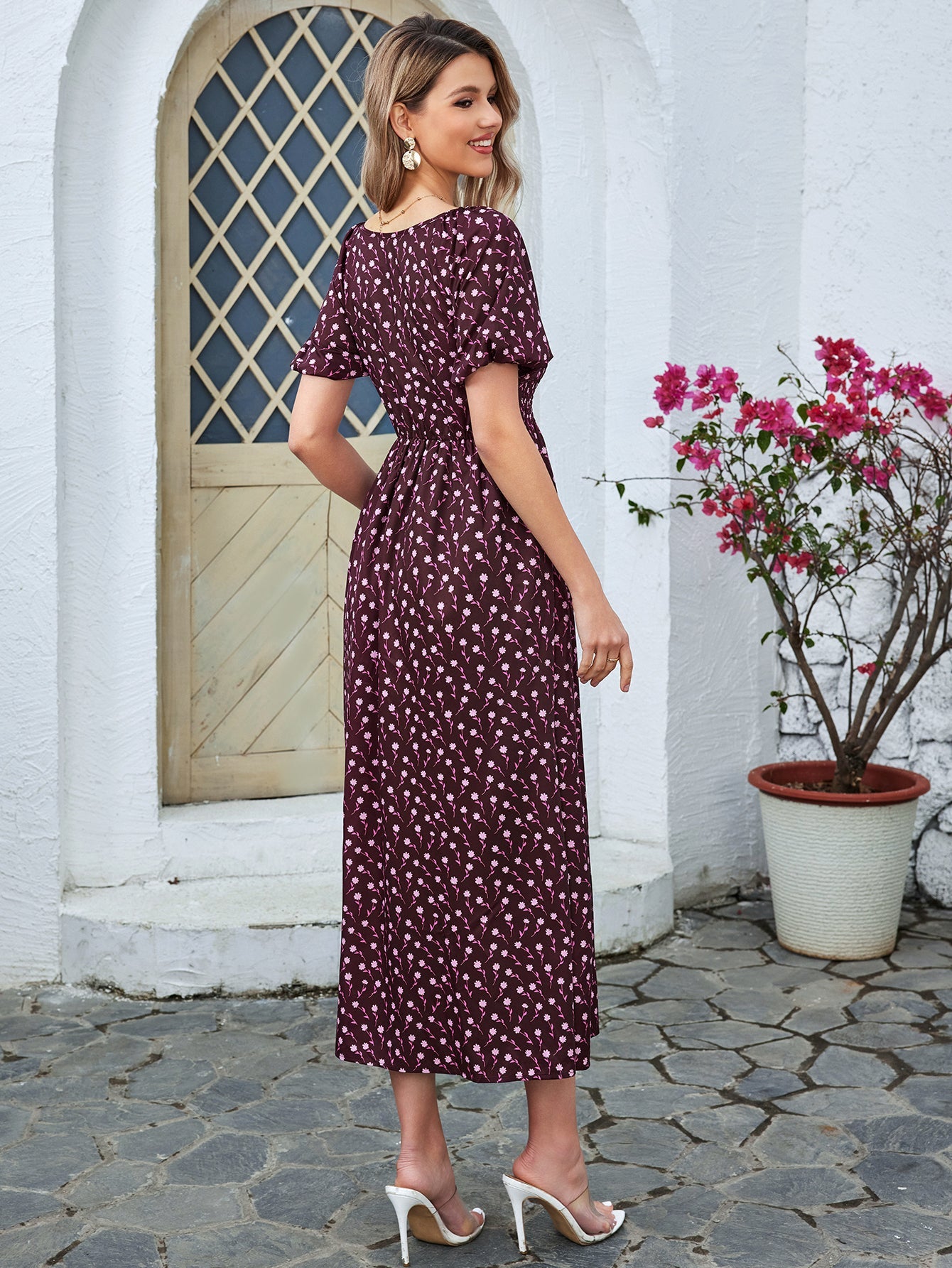 Floral High-waisted Short-sleeved V-neck Midi Dress