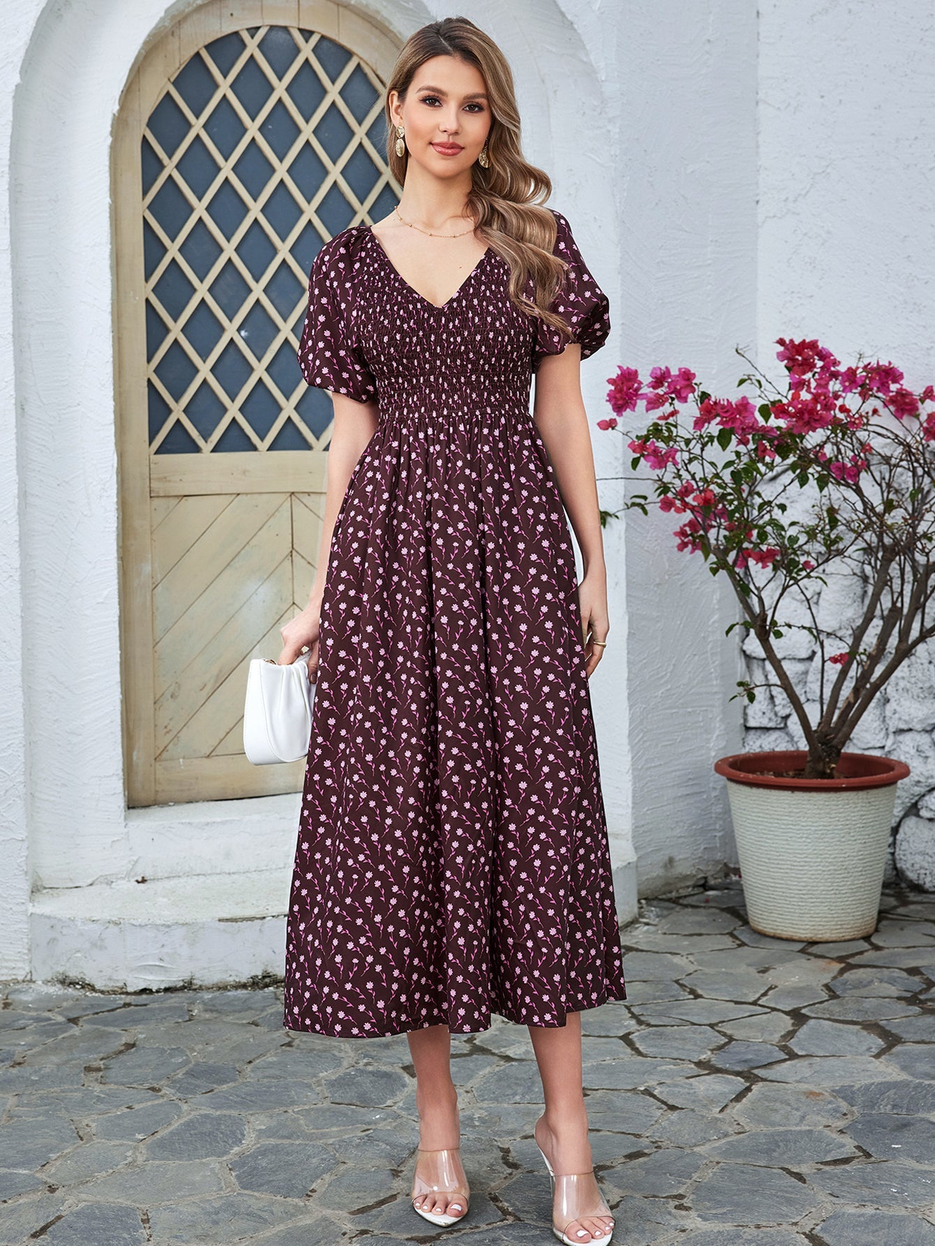 Floral High-waisted Short-sleeved V-neck Midi Dress