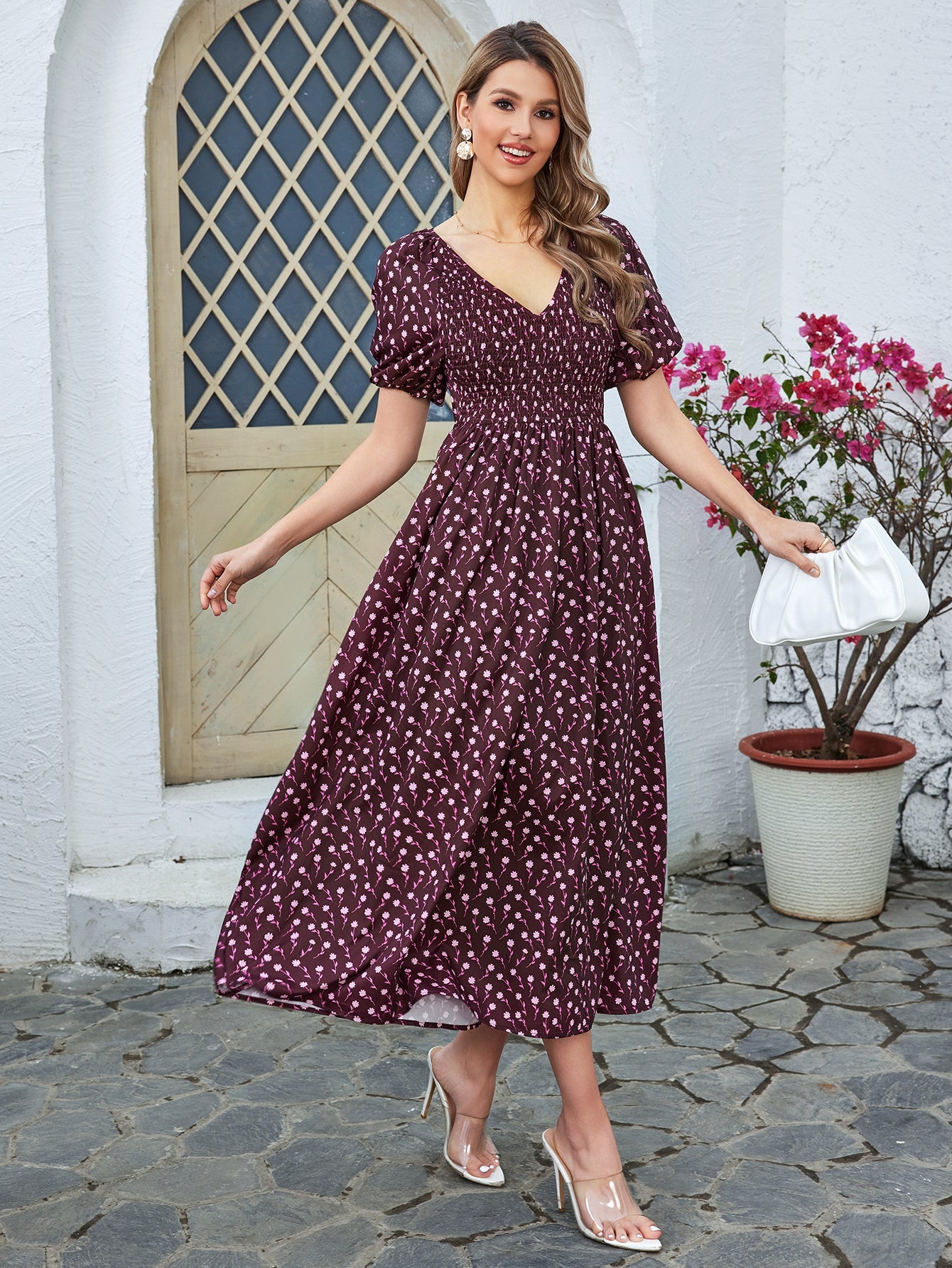 Floral High-waisted Short-sleeved V-neck Midi Dress