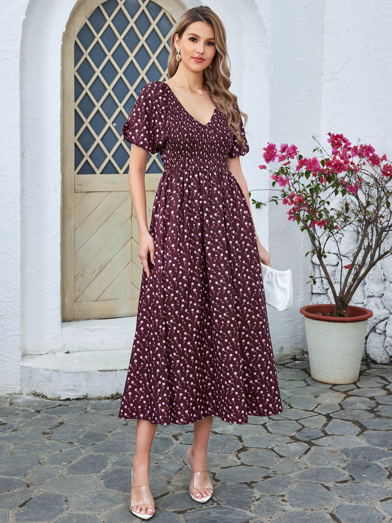 Floral High-waisted Short-sleeved V-neck Midi Dress
