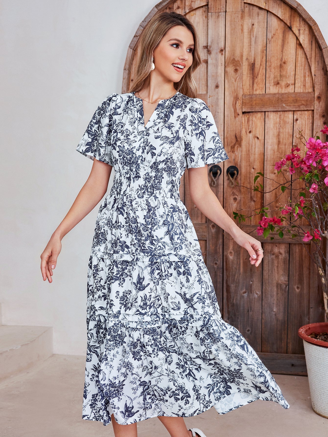 Print Short-sleeved Midi Dress