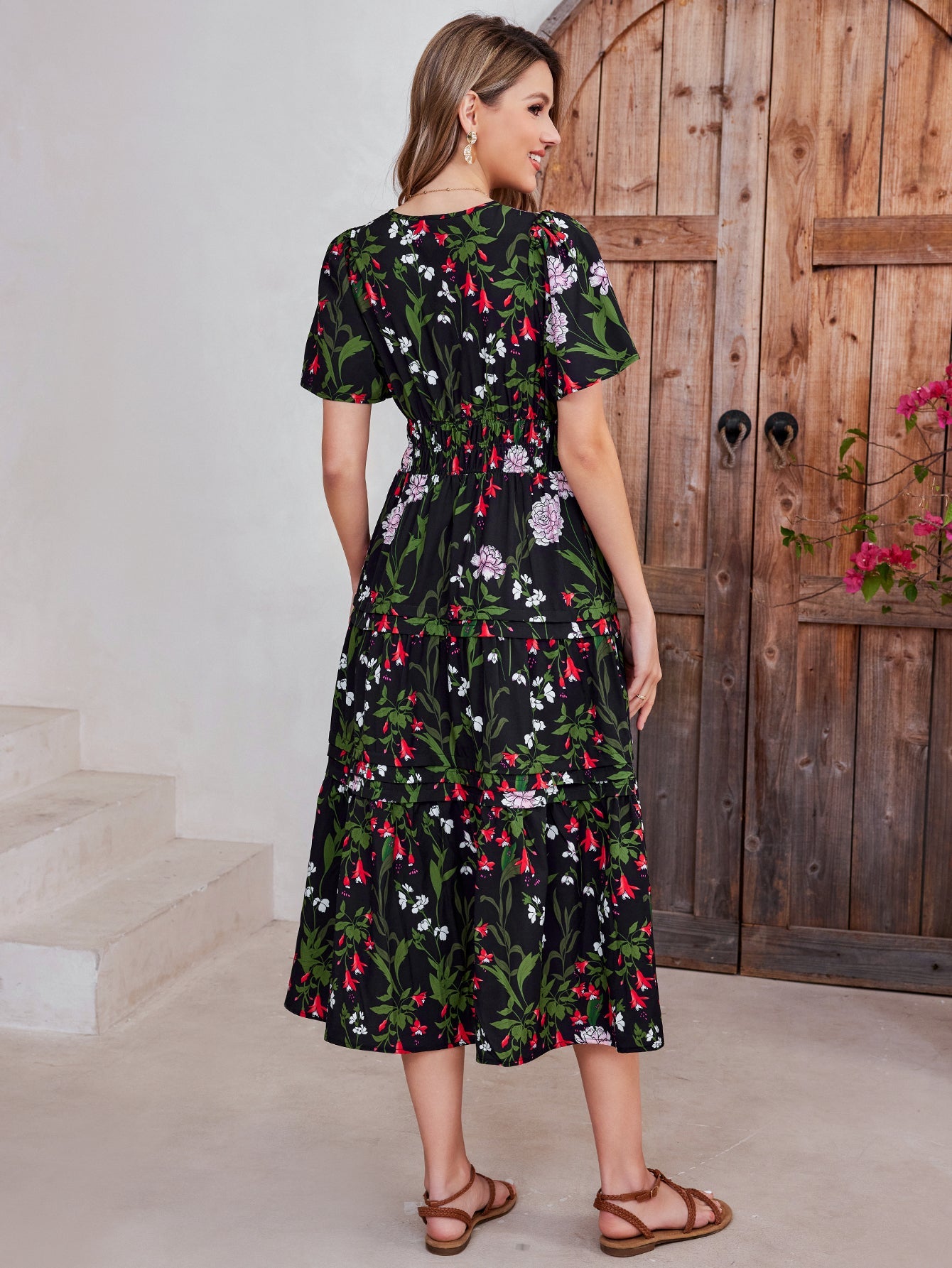 Print Short-sleeved Midi Dress