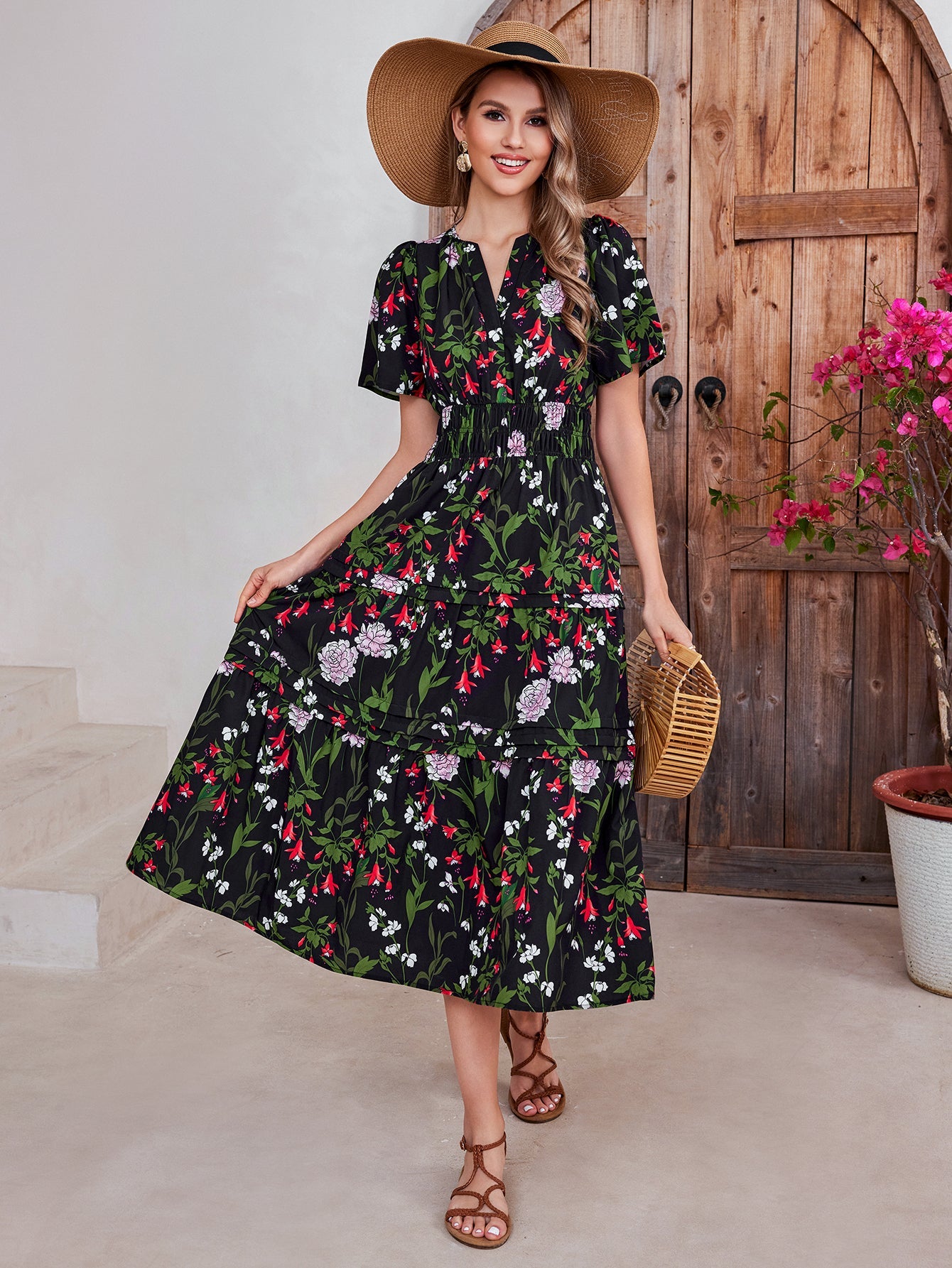 Print Short-sleeved Midi Dress
