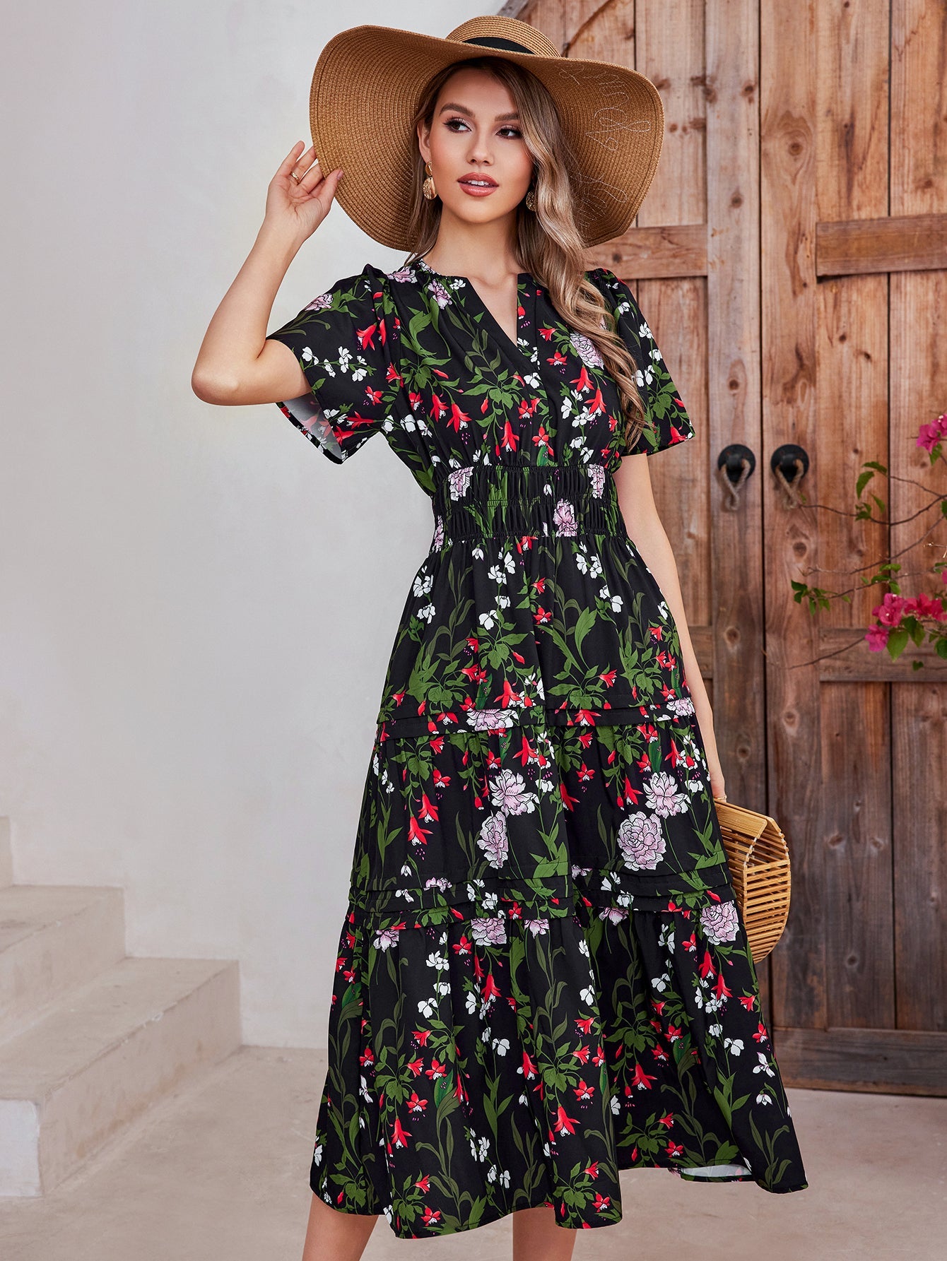 Print Short-sleeved Midi Dress