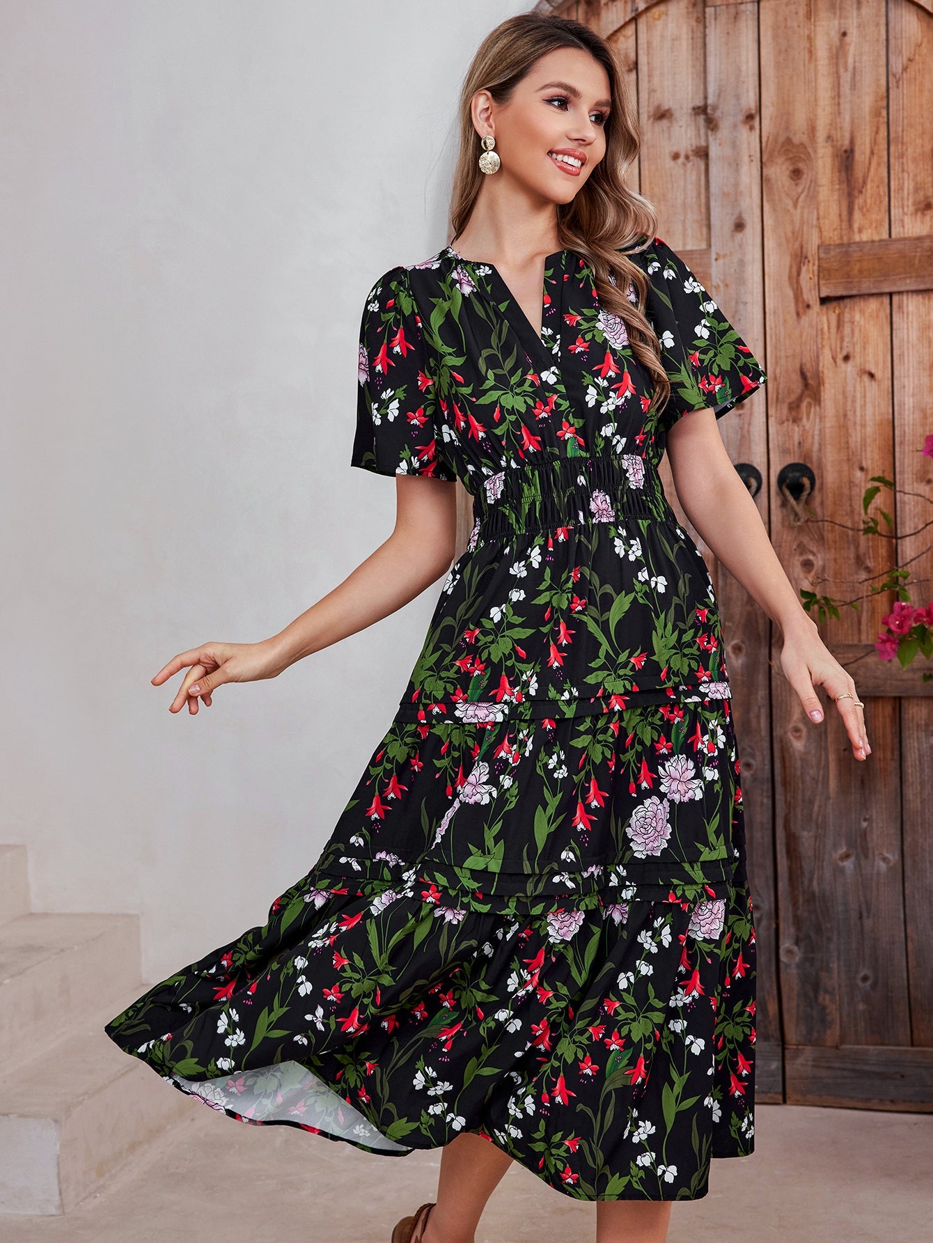 Print Short-sleeved Midi Dress