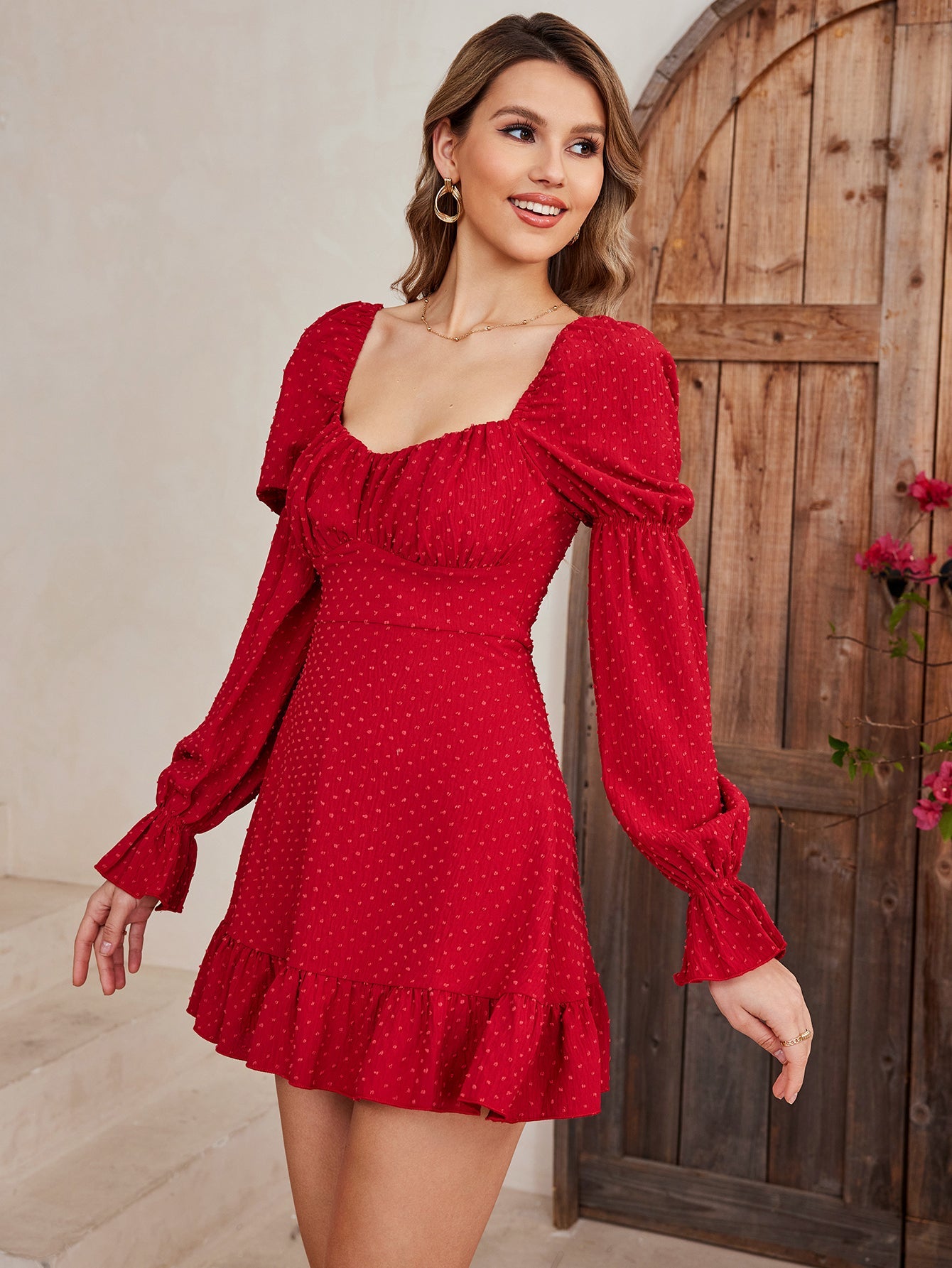 Puff-Sleeve Ruffled Mini Dress