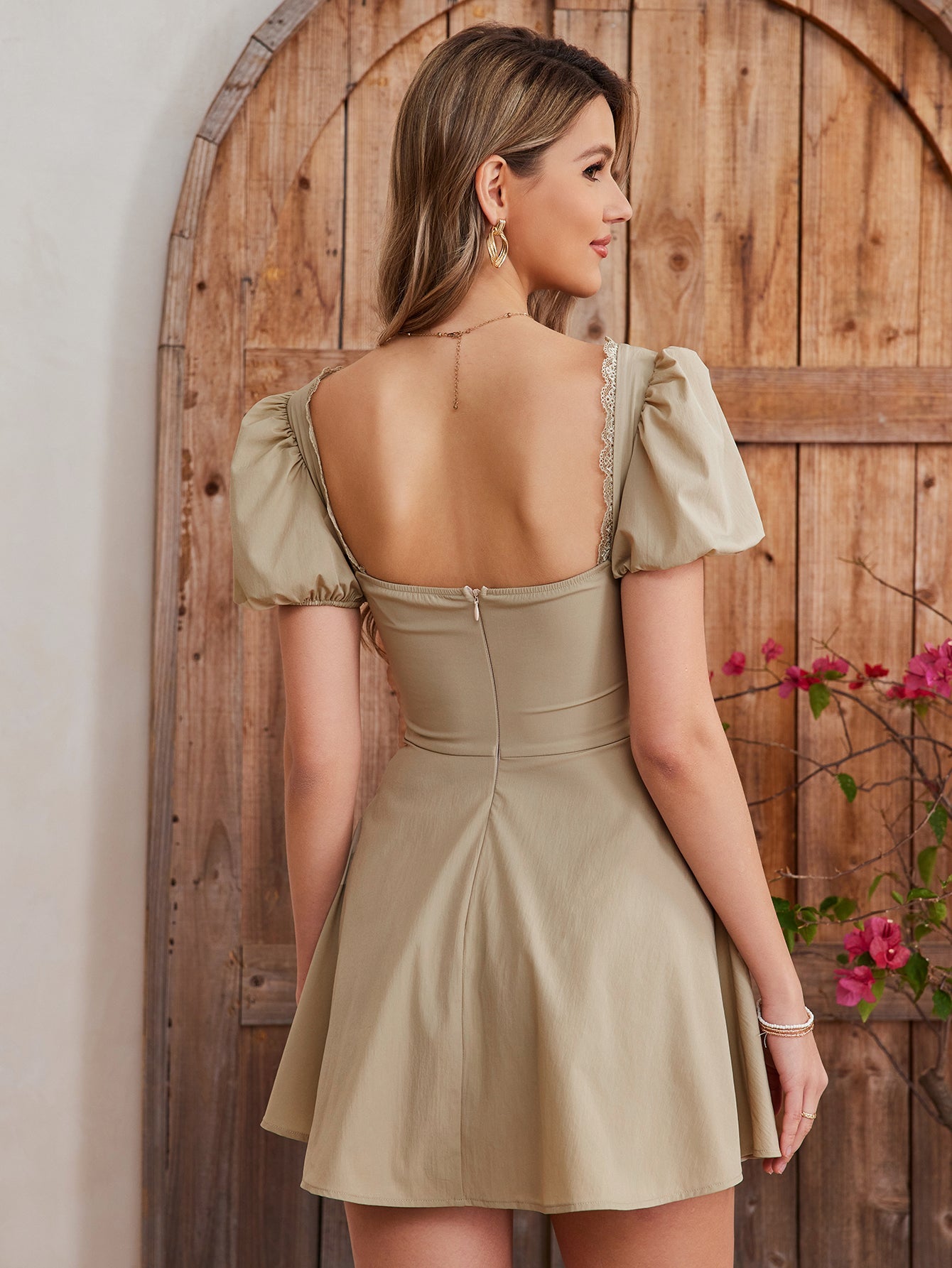 Puff Sleeves Lace-Up Dress