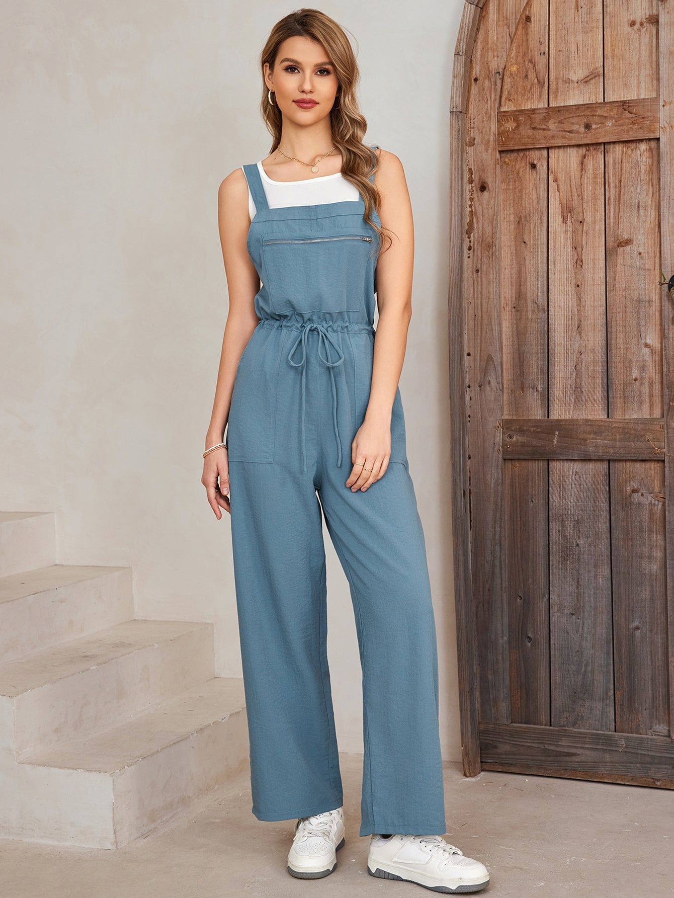 Drawstring Wide-leg Strap Straight-leg Jumpsuits