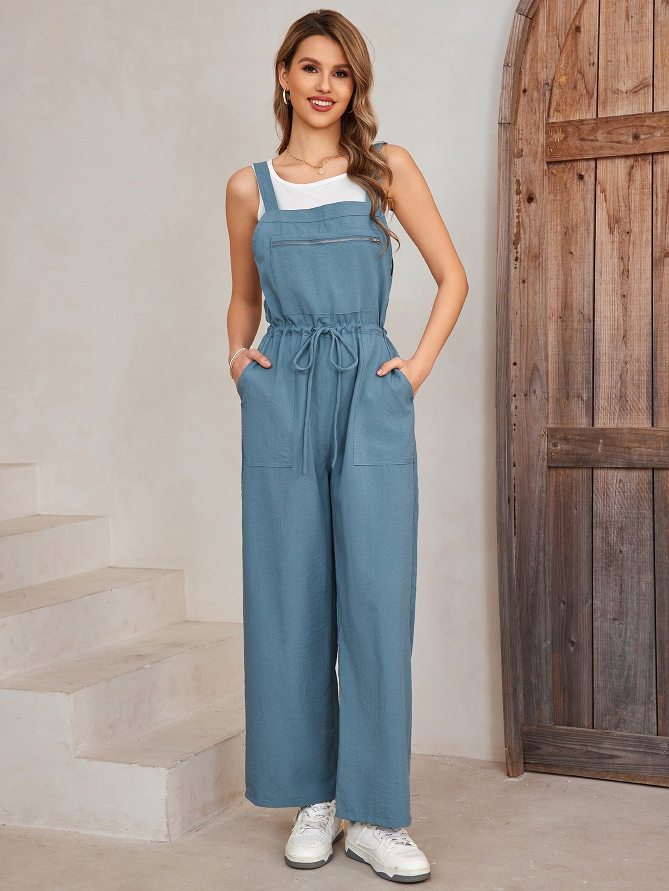 Drawstring Wide-leg Strap Straight-leg Jumpsuits
