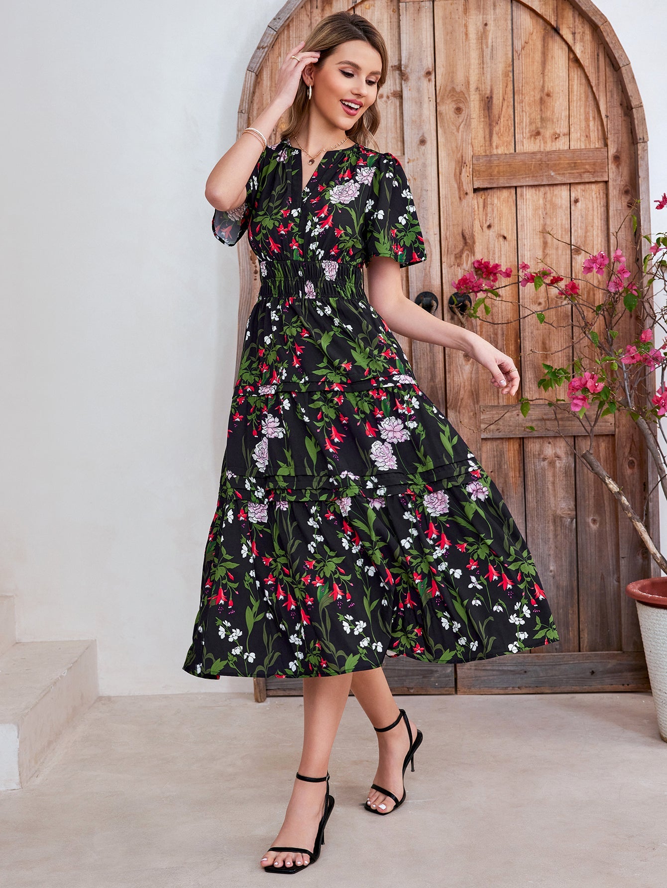 Print Short-sleeved Midi Dress