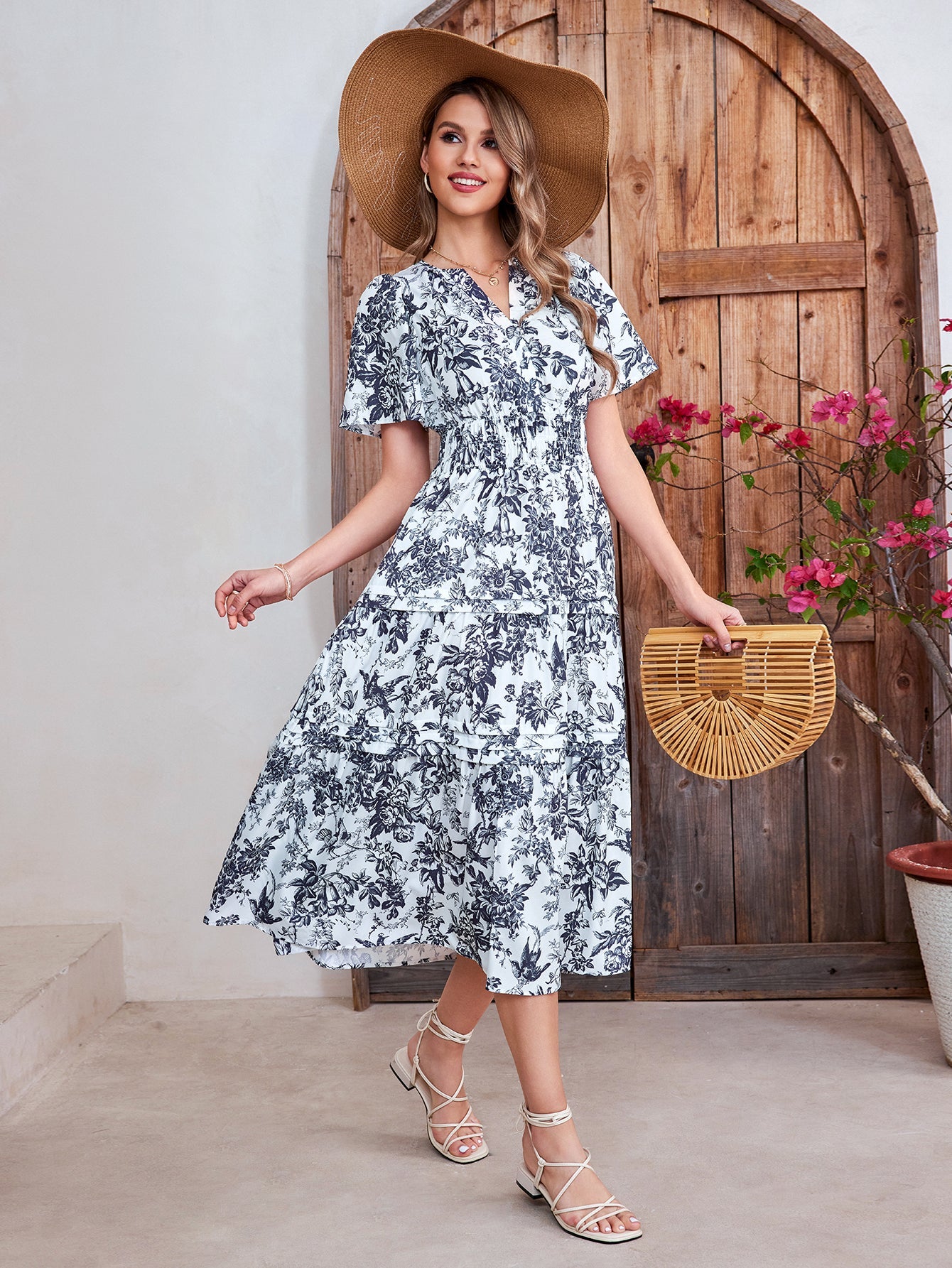 Print Short-sleeved Midi Dress