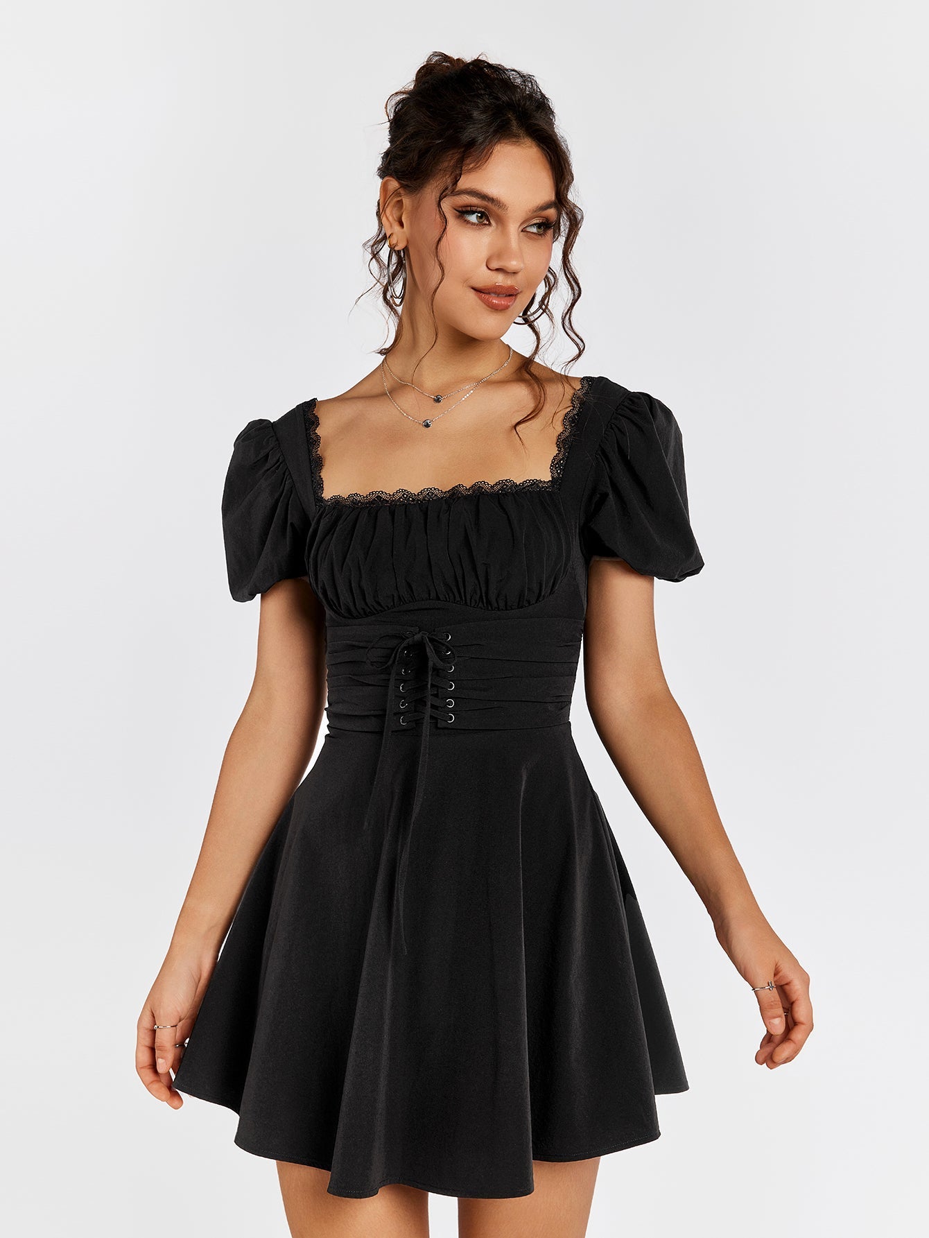 Puff Sleeves Lace-Up Dress