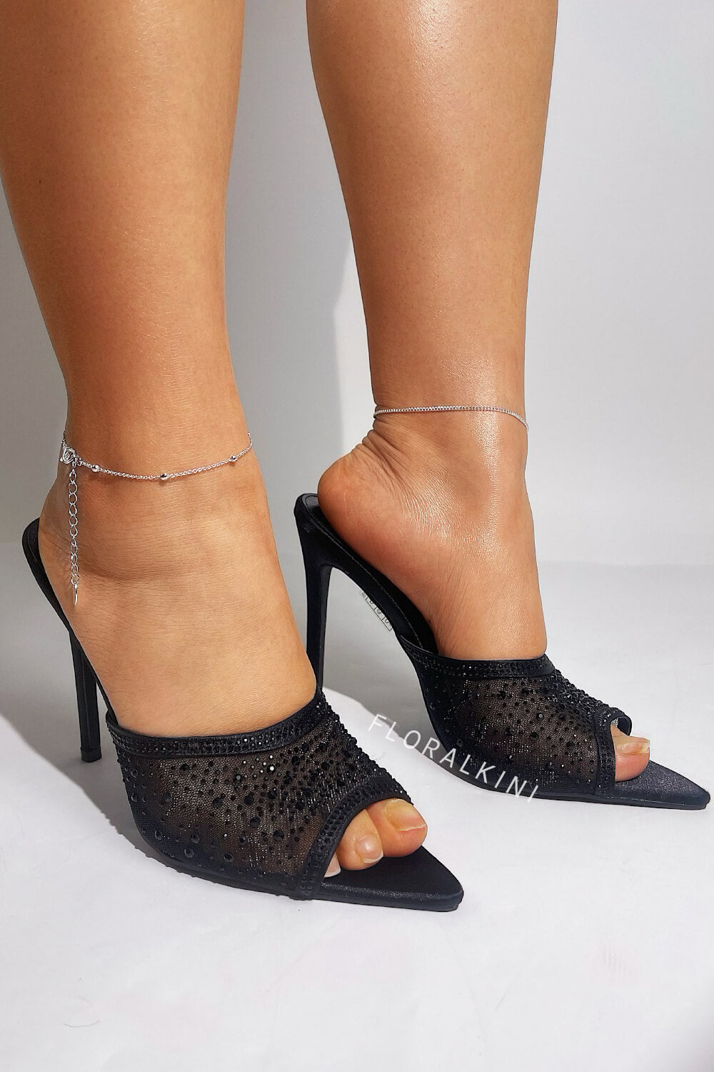 Rhinestone Open Pointed Toe Stiletto Mules