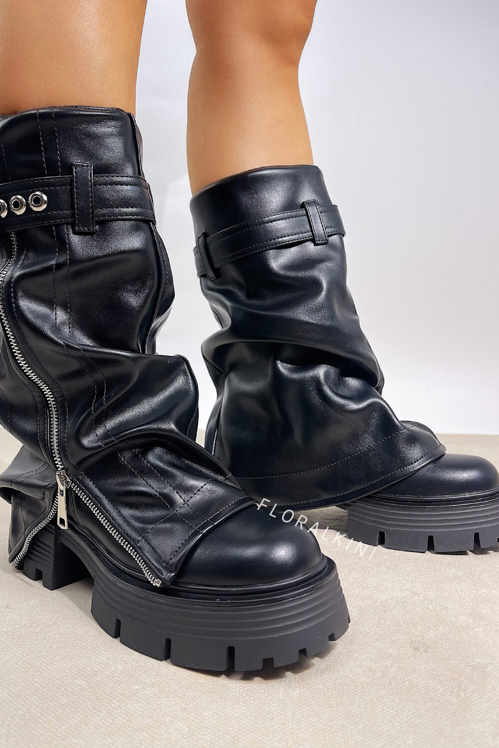Pu Fold Over Mid-Calf Chunky Platform Zip Boots