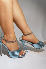 Snakeskin-Effect Diamante Chain Detail Ankle Strap Pointed Toe Stiletto Heel Sandals