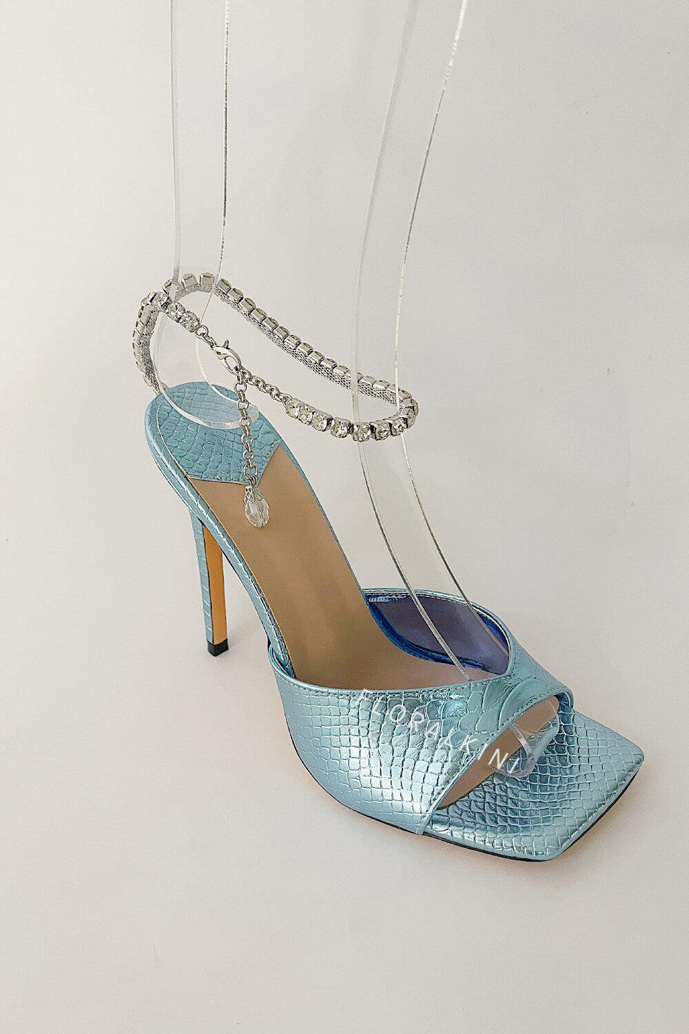 Snakeskin-Effect Diamante Chain Detail Ankle Strap Pointed Toe Stiletto Heel Sandals