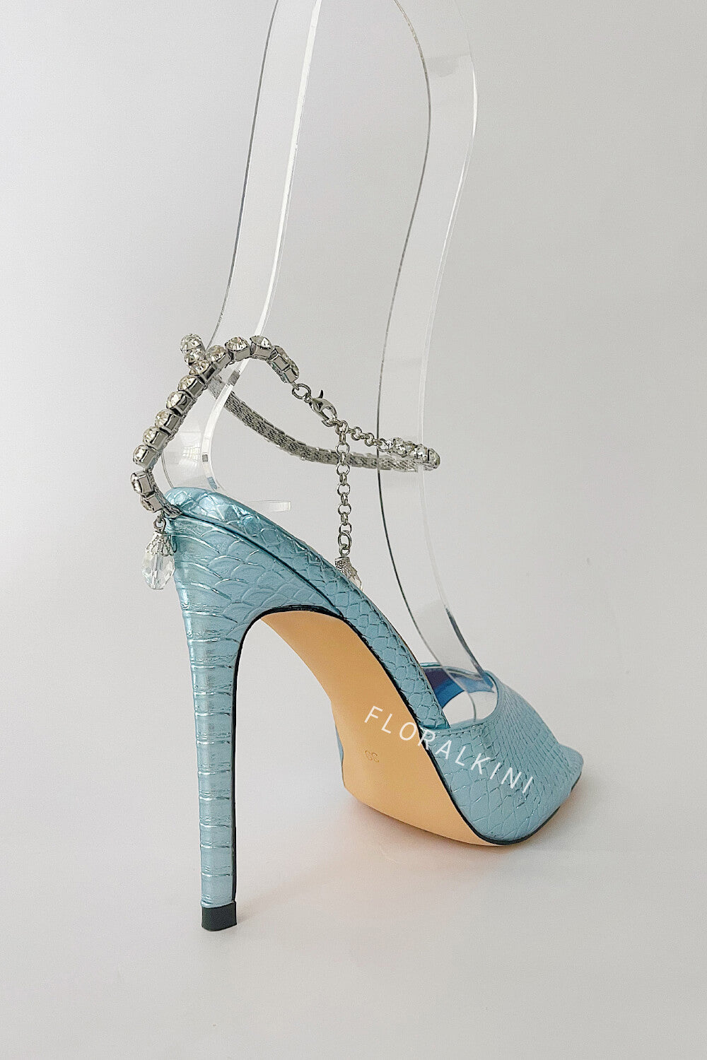 Snakeskin-Effect Diamante Chain Detail Ankle Strap Pointed Toe Stiletto Heel Sandals