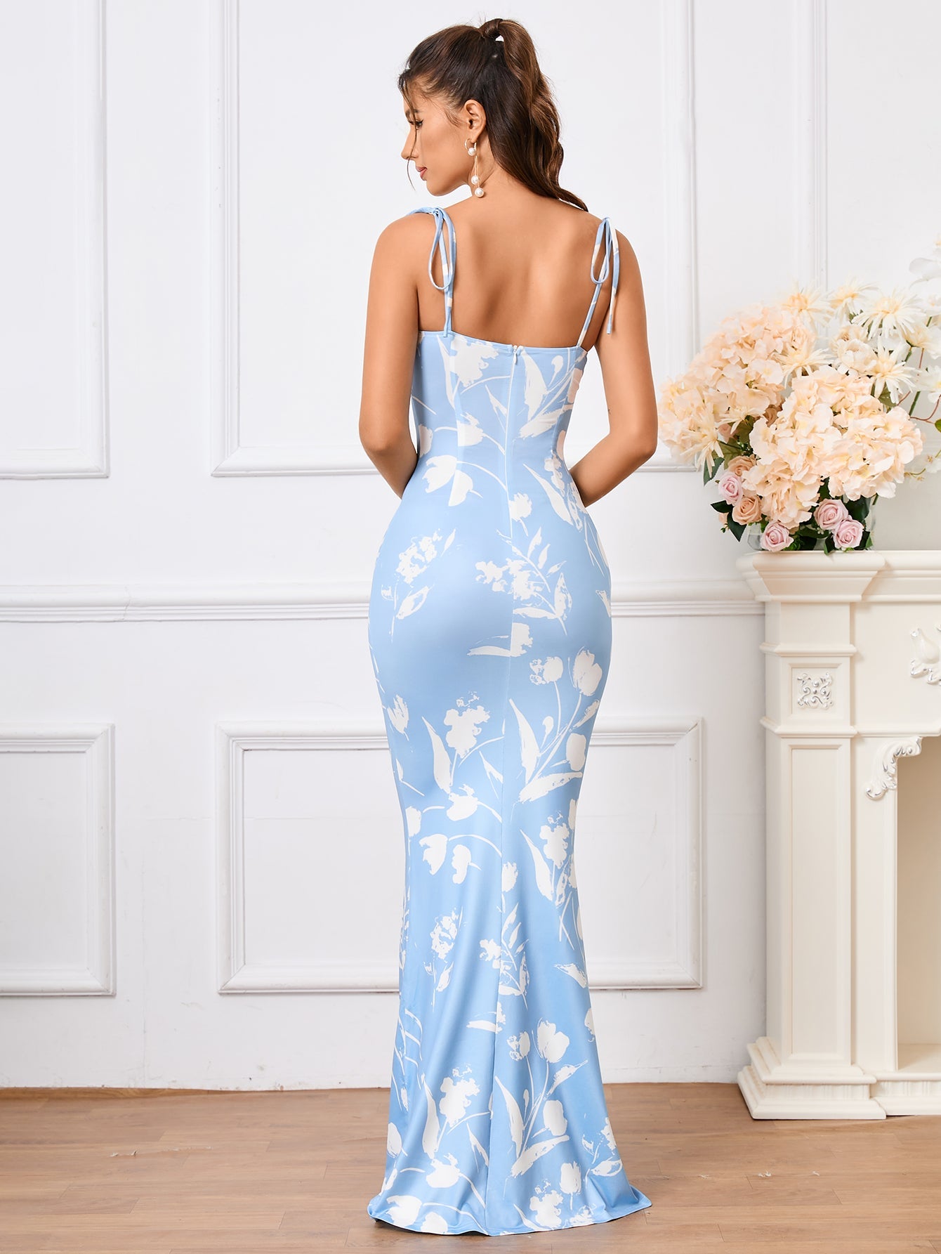 Tie Shoulder Floral Print Mermaid Prom Dress