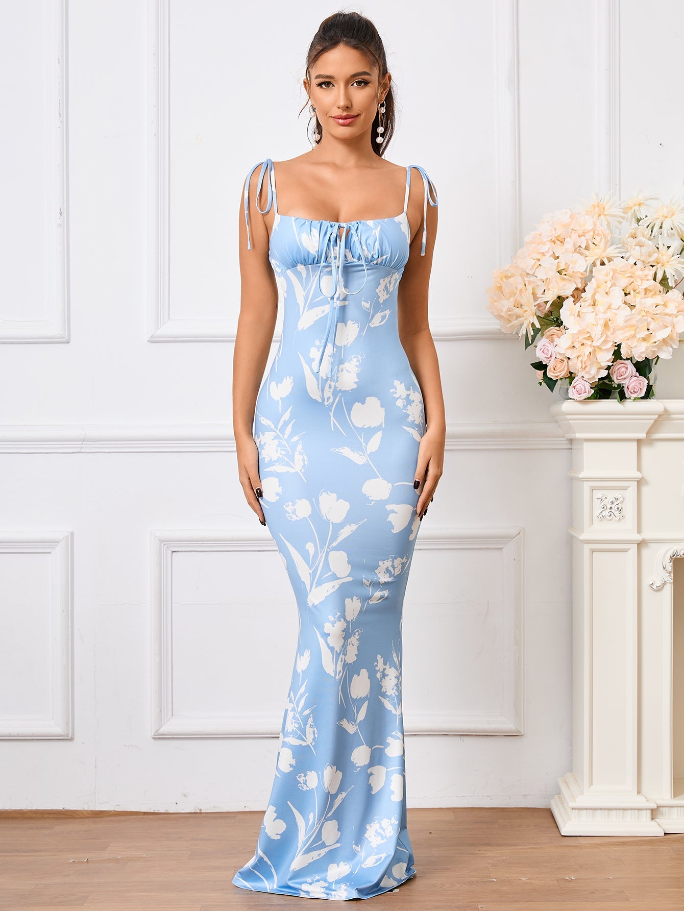 Tie Shoulder Floral Print Mermaid Prom Dress