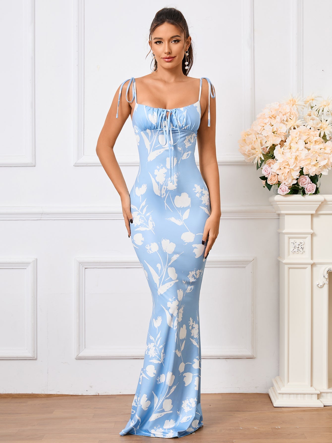 Tie Shoulder Floral Print Mermaid Prom Dress