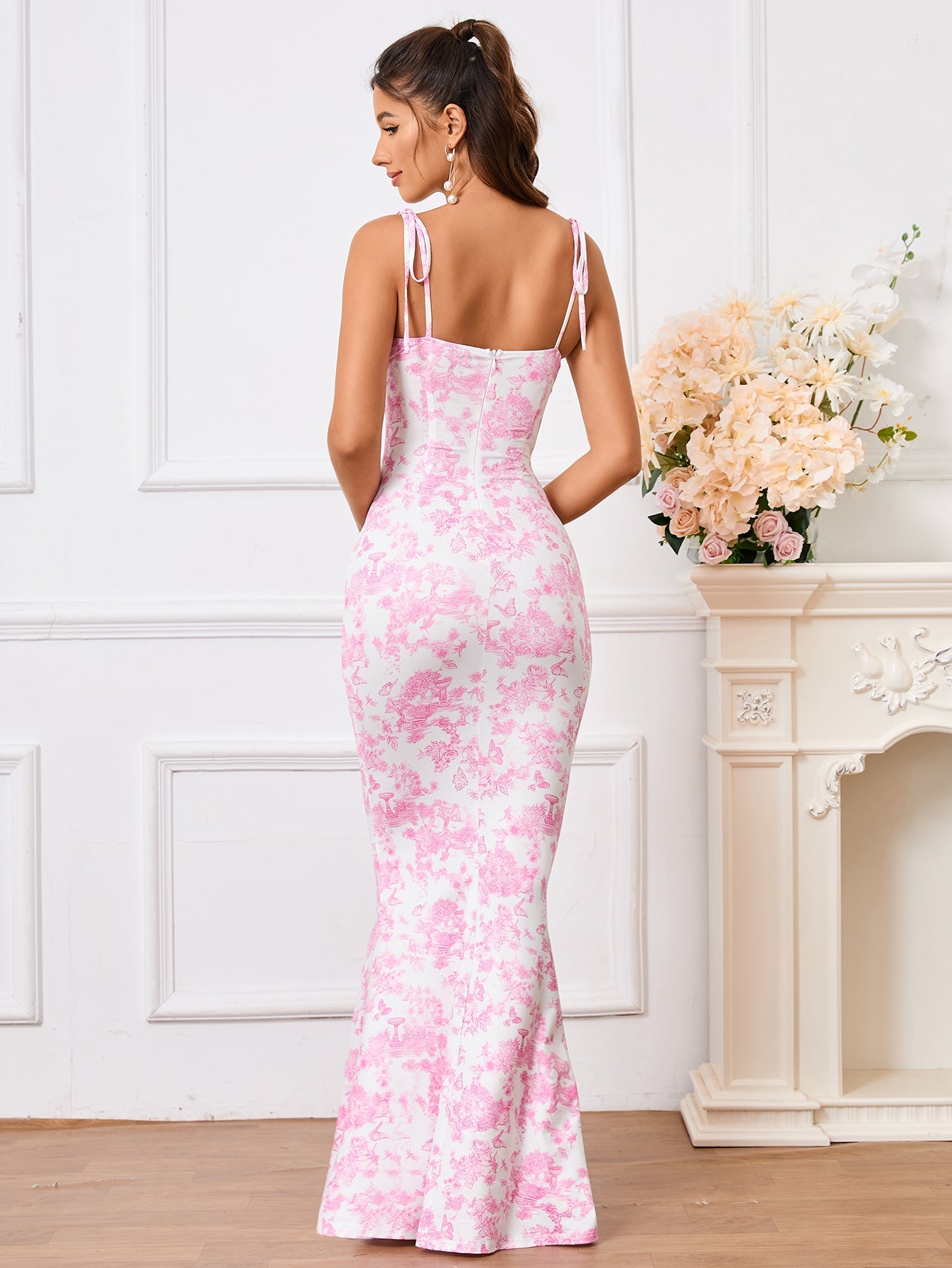 Tie Shoulder Floral Print Mermaid Prom Dress