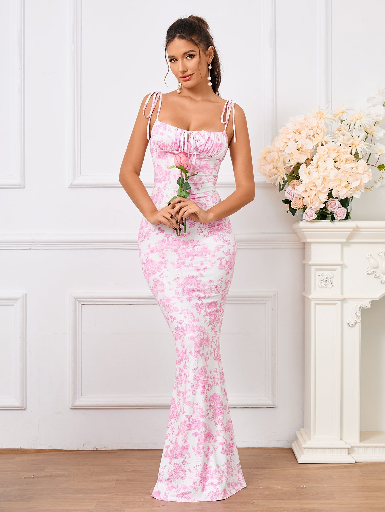 Tie Shoulder Floral Print Mermaid Prom Dress