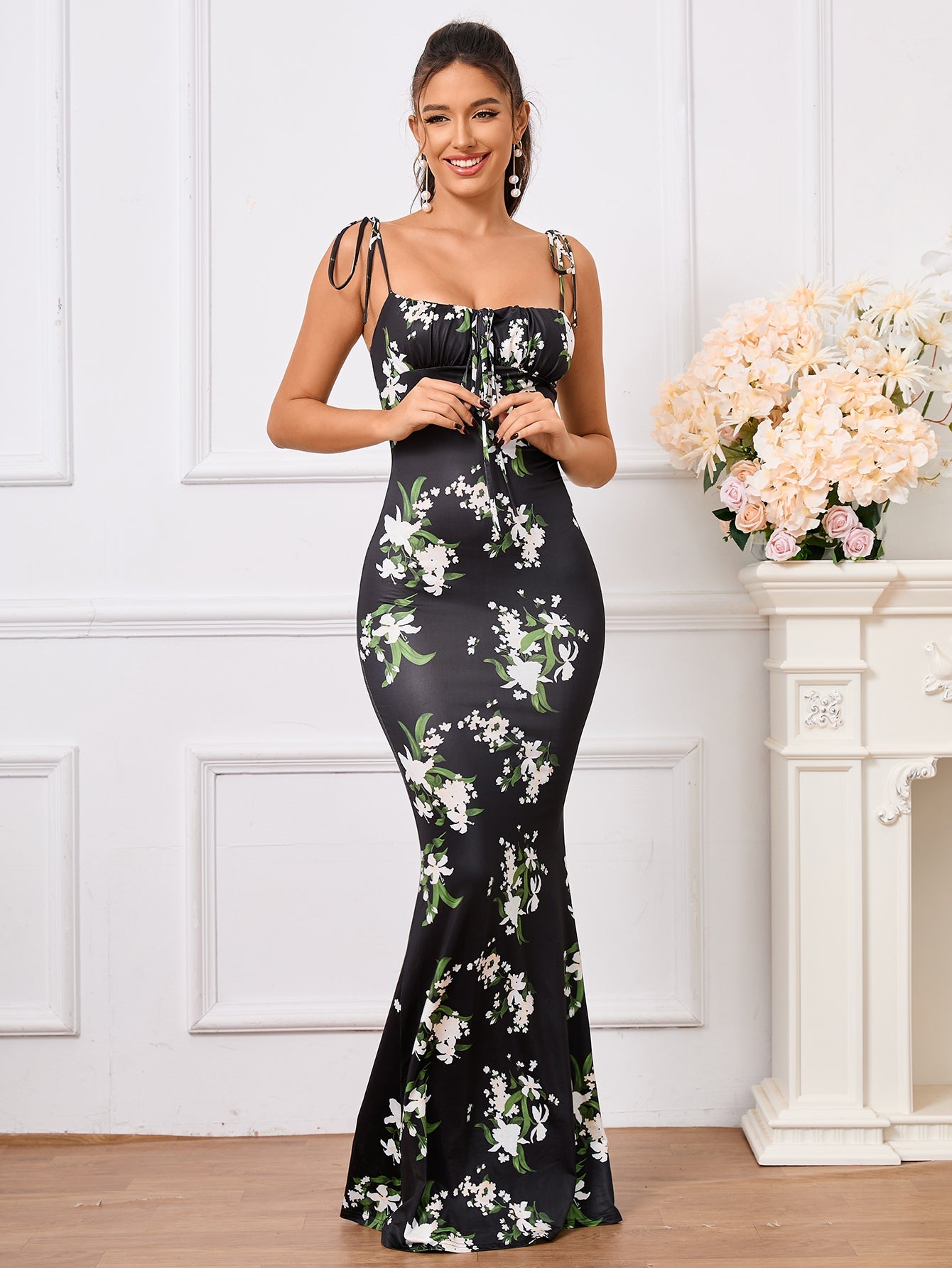 Tie Shoulder Floral Print Mermaid Prom Dress