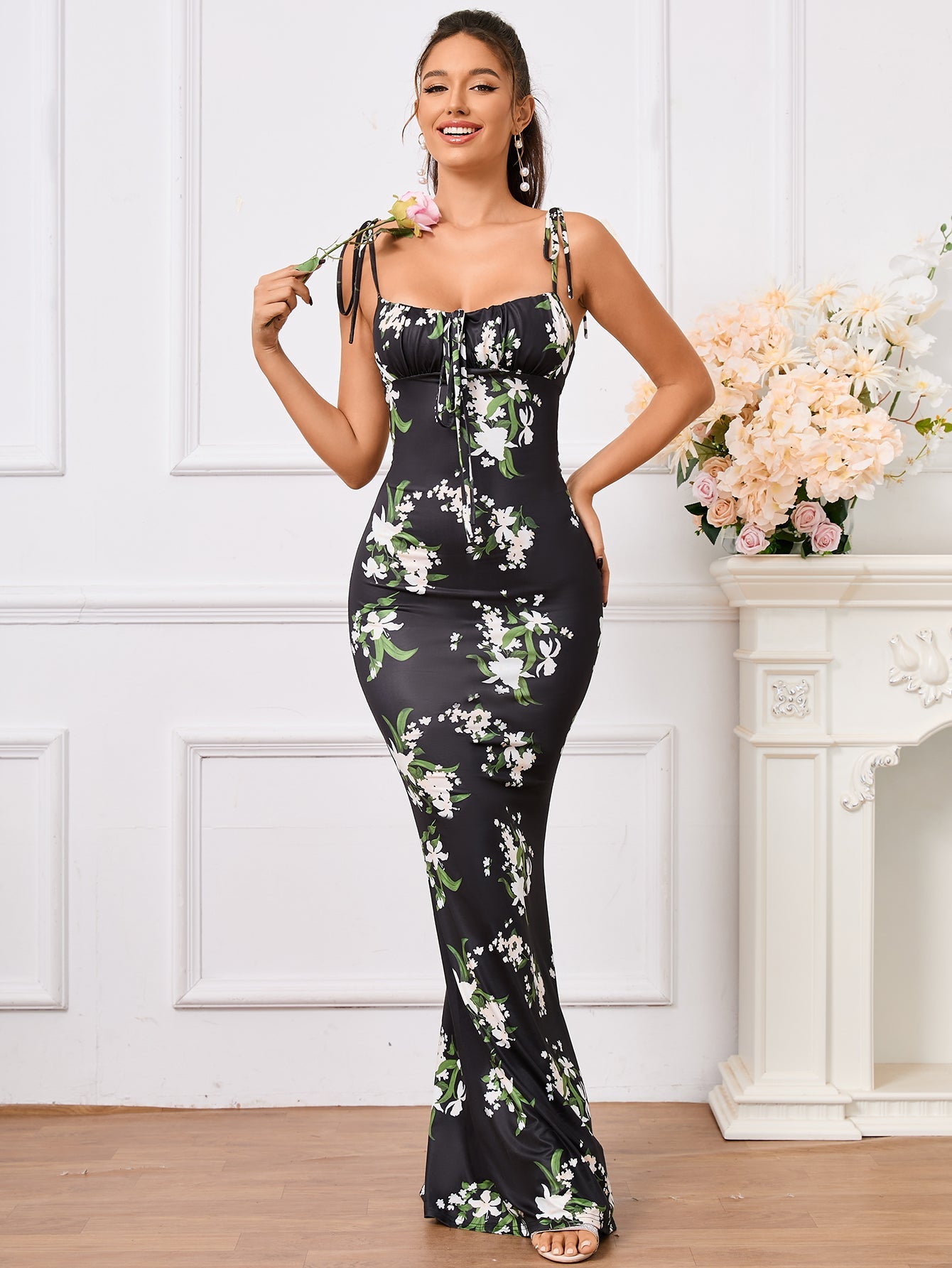 Tie Shoulder Floral Print Mermaid Prom Dress