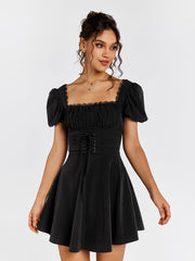Puff Sleeves Lace-Up Dress