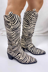 Calfskin Hair Zebra Print Mid-Calf Western Heeled Boots