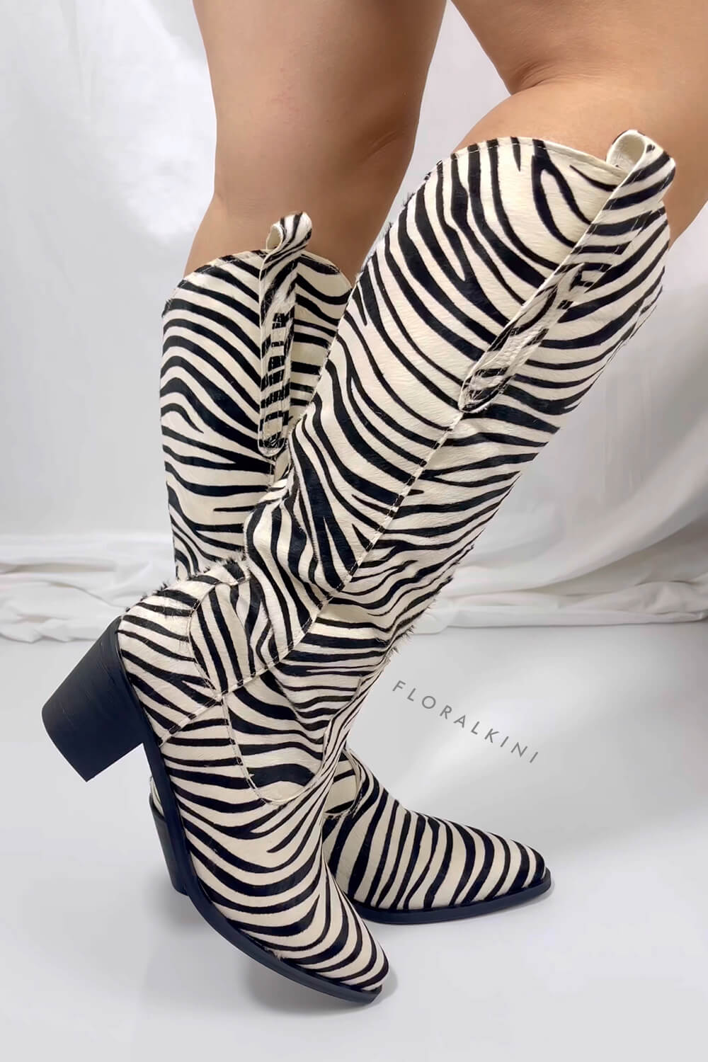 Calfskin Hair Zebra Print Mid-Calf Western Heeled Boots