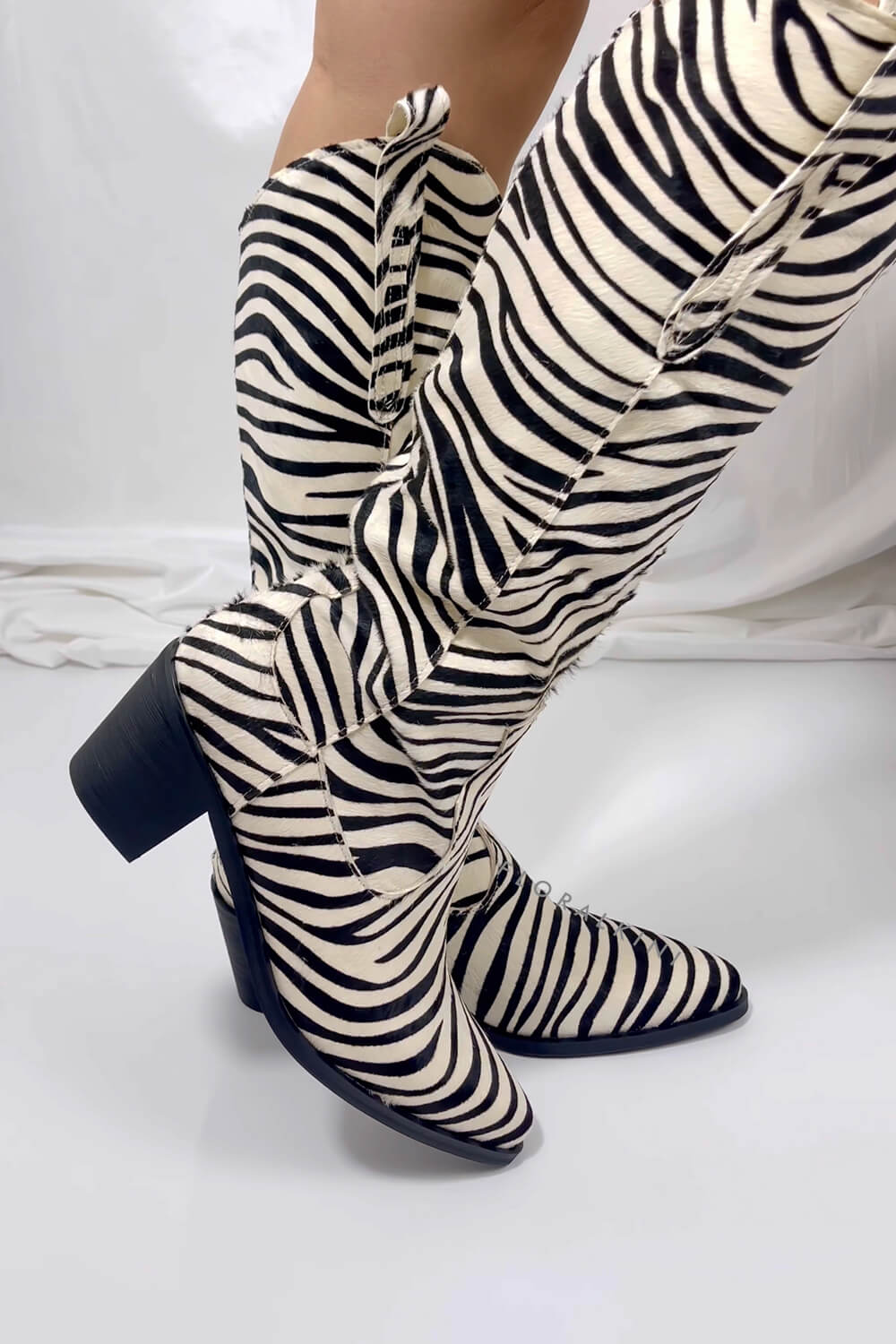 Calfskin Hair Zebra Print Mid-Calf Western Heeled Boots