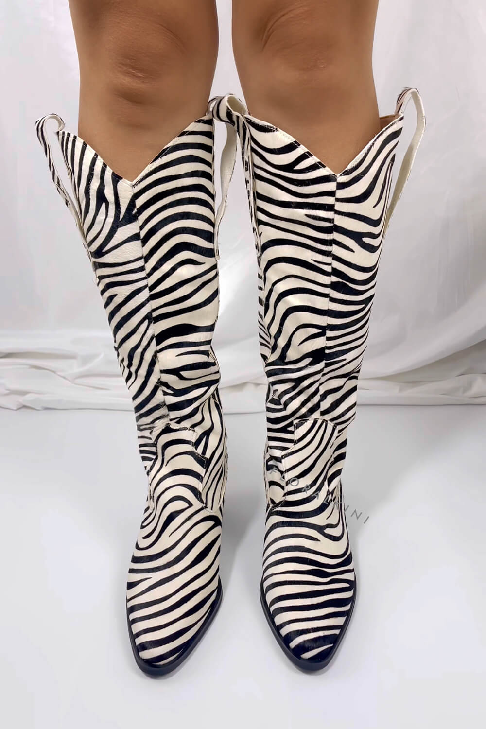 Calfskin Hair Zebra Print Mid-Calf Western Heeled Boots