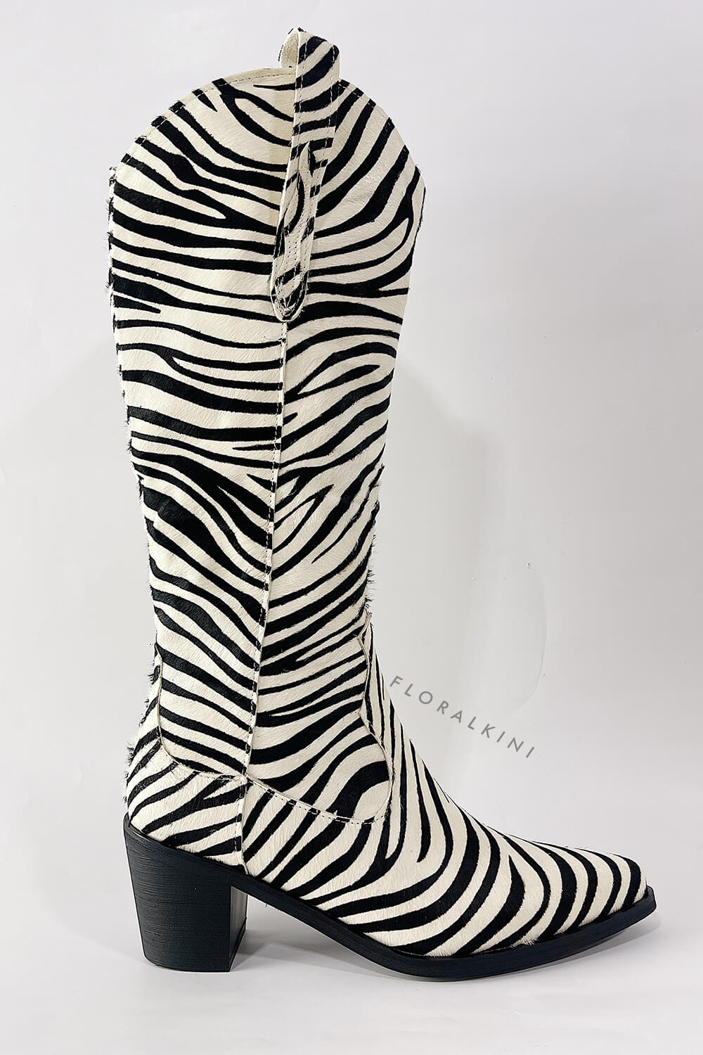 Calfskin Hair Zebra Print Mid-Calf Western Heeled Boots