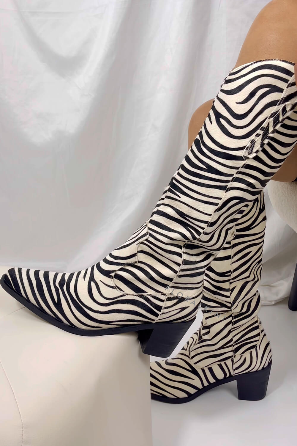 Calfskin Hair Zebra Print Mid-Calf Western Heeled Boots