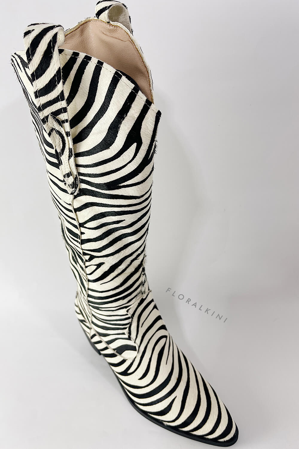 Calfskin Hair Zebra Print Mid-Calf Western Heeled Boots