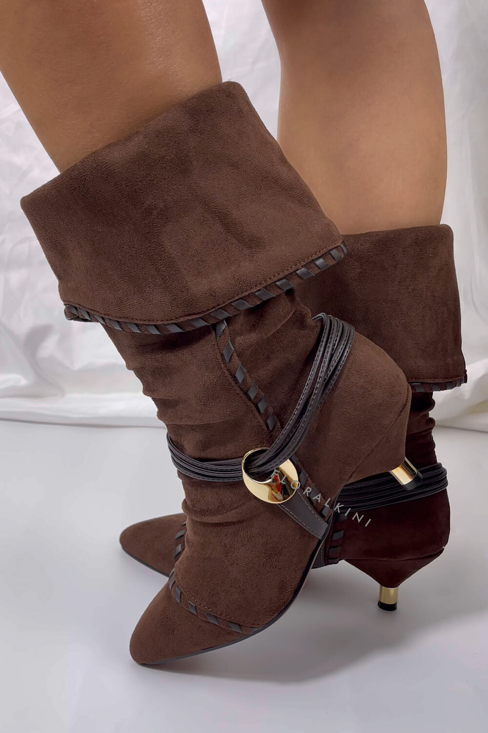 Draped Faux Suede Pointed Ankle Boots With Silver-Tone Hardware