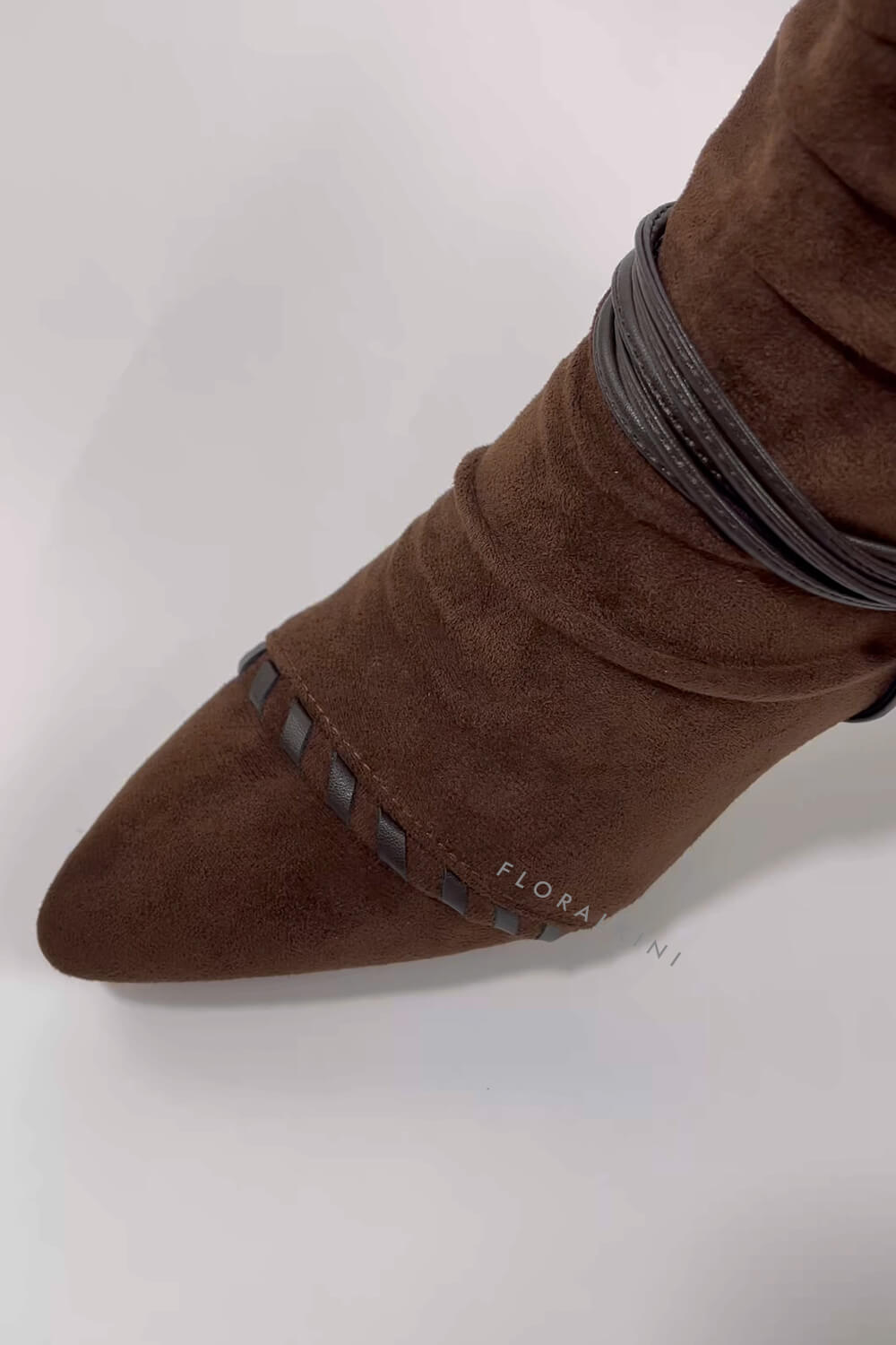 Draped Faux Suede Pointed Ankle Boots With Silver-Tone Hardware