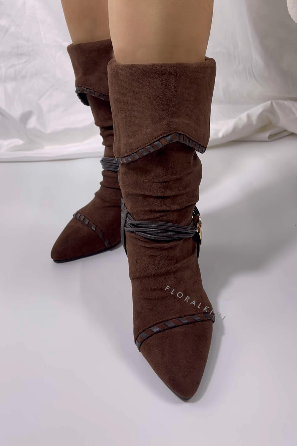 Draped Faux Suede Pointed Ankle Boots With Silver-Tone Hardware