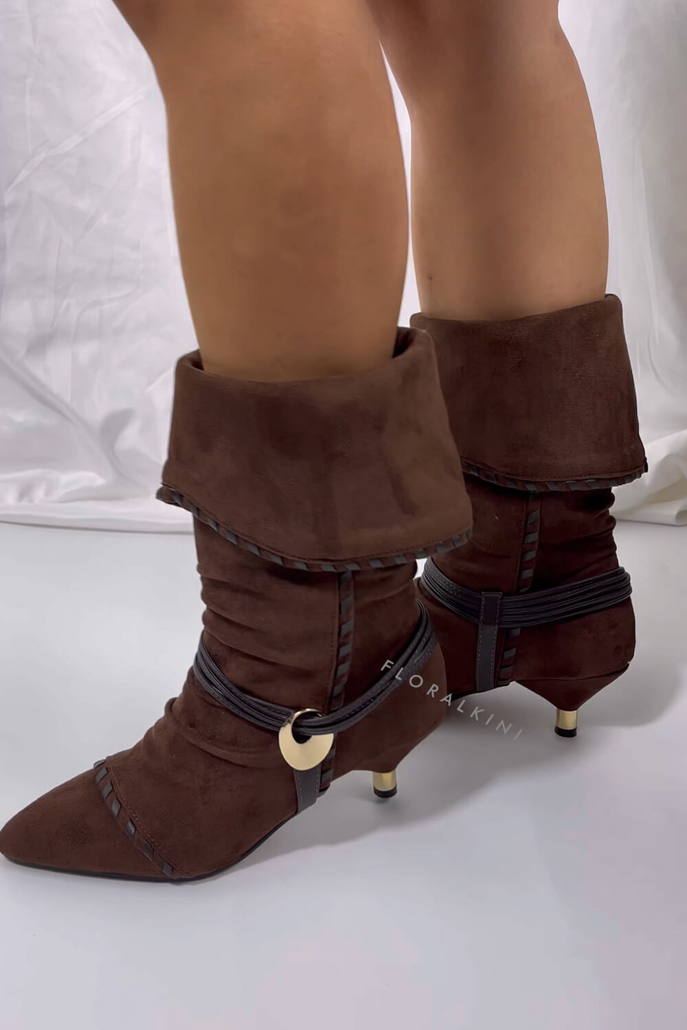 Draped Faux Suede Pointed Ankle Boots With Silver-Tone Hardware