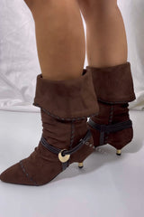 Draped Faux Suede Pointed Ankle Boots With Silver-Tone Hardware