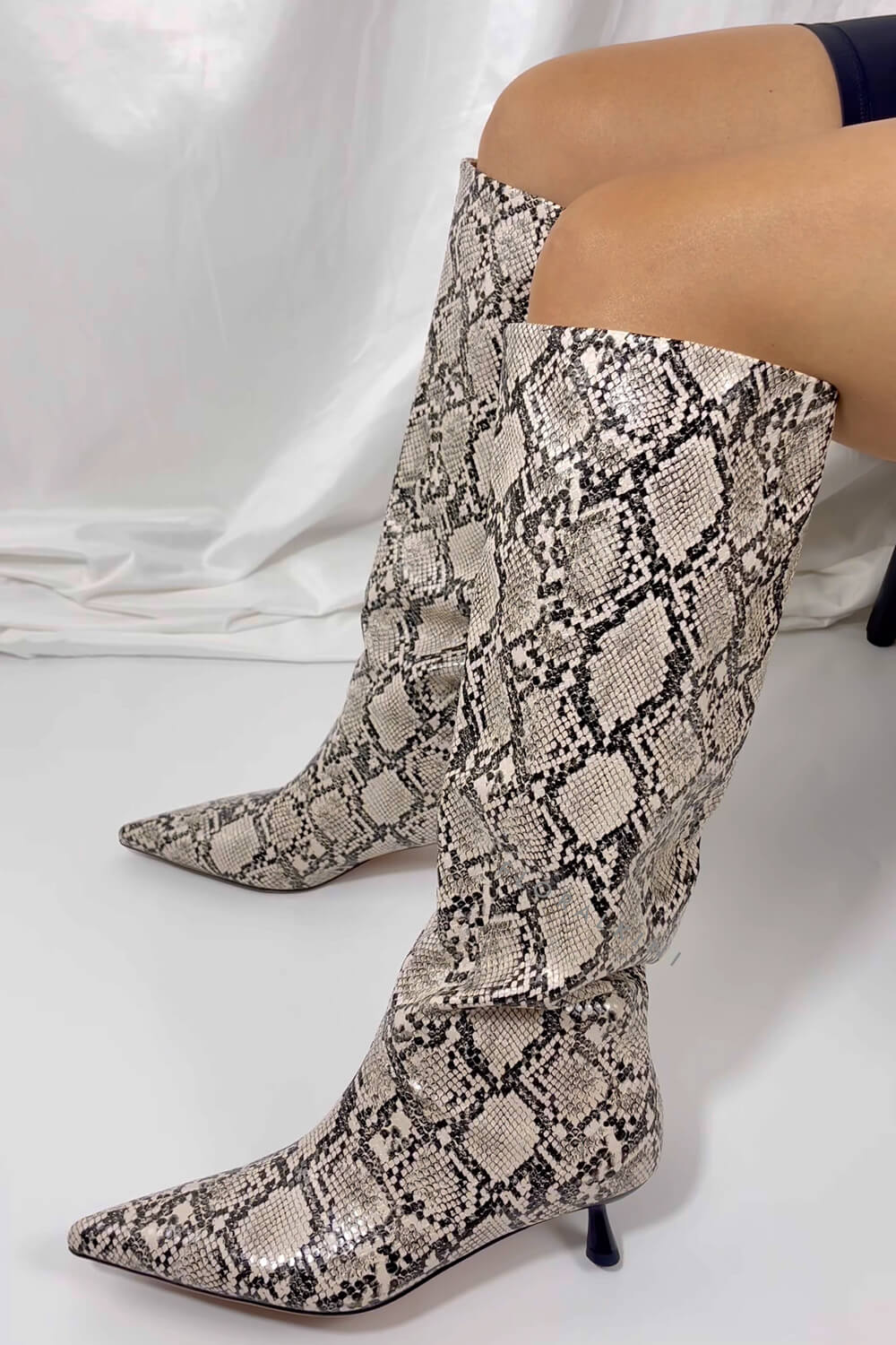 Python Faux Leather Pointed Toe Wide Calf Knee-High Boots