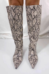 Python Faux Leather Pointed Toe Wide Calf Knee-High Boots