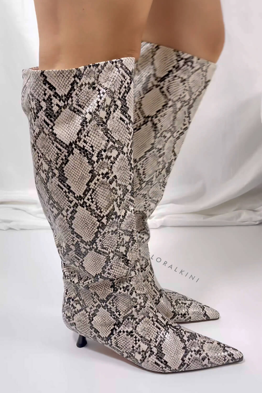 Python Faux Leather Pointed Toe Wide Calf Knee-High Boots