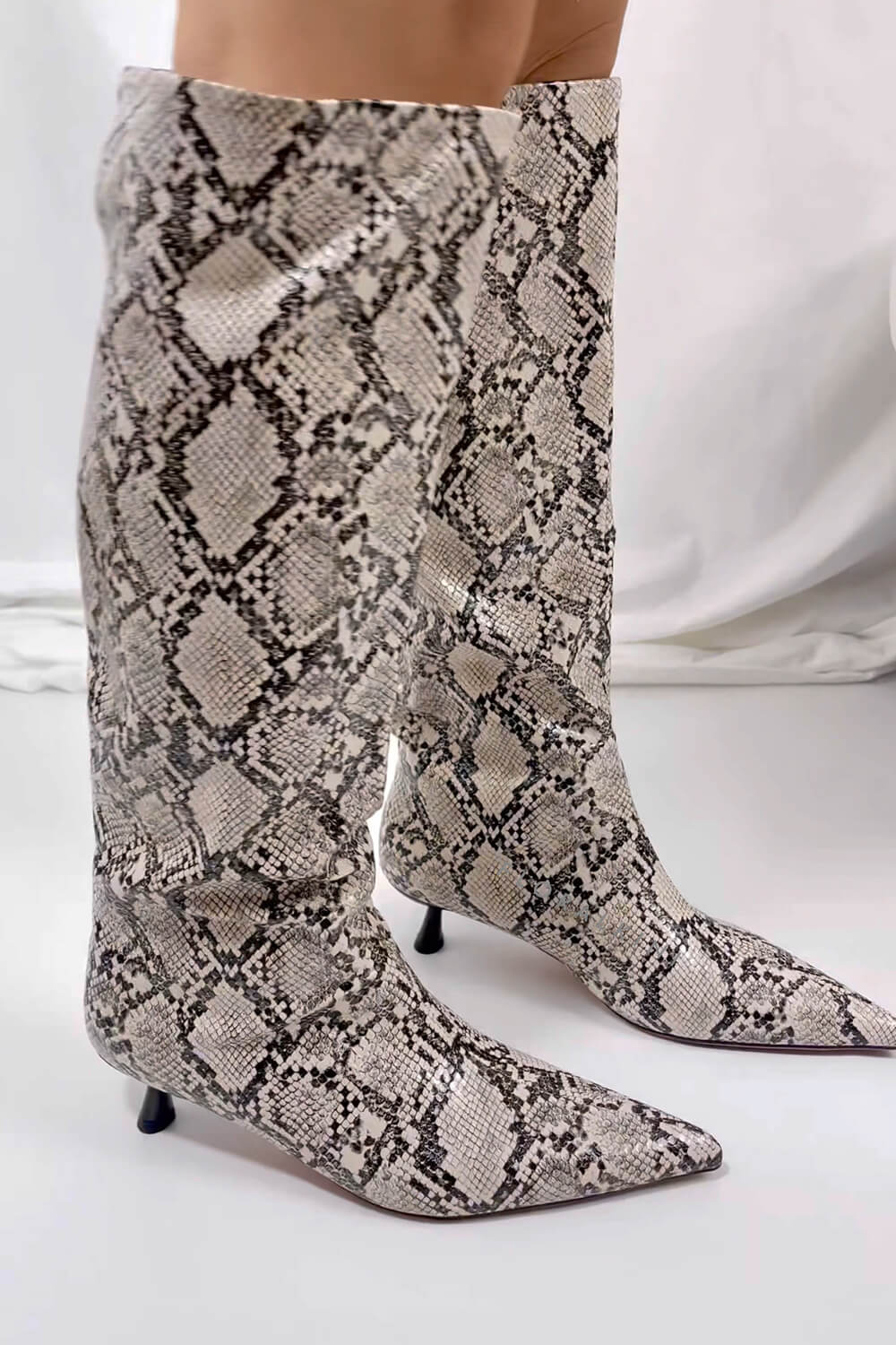 Python Faux Leather Pointed Toe Wide Calf Knee-High Boots