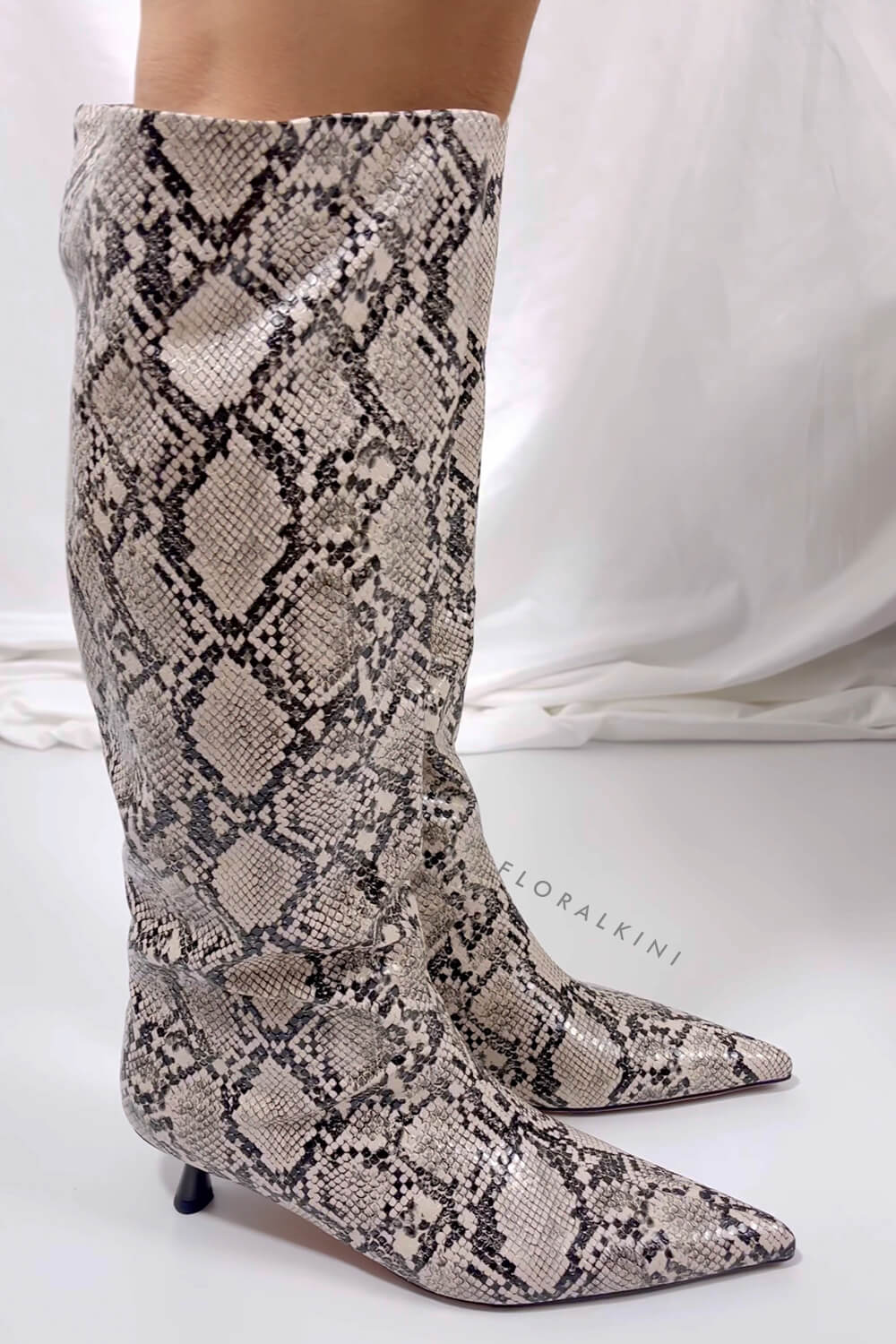 Python Faux Leather Pointed Toe Wide Calf Knee-High Boots