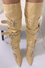 Multi Buckle Pointed Toe Thigh High Stiletto Heel Boots - Khaki