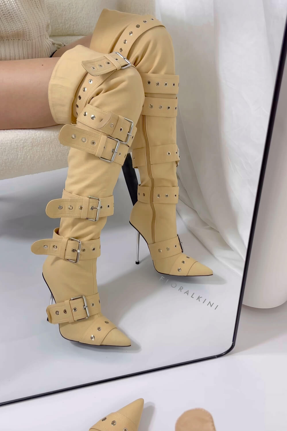 Multi Buckle Pointed Toe Thigh High Stiletto Heel Boots - Khaki