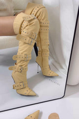 Multi Buckle Pointed Toe Thigh High Stiletto Heel Boots - Khaki